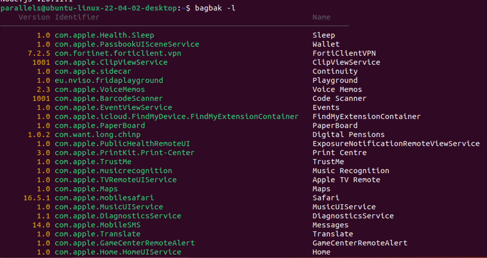 Output of the command bagbak -l