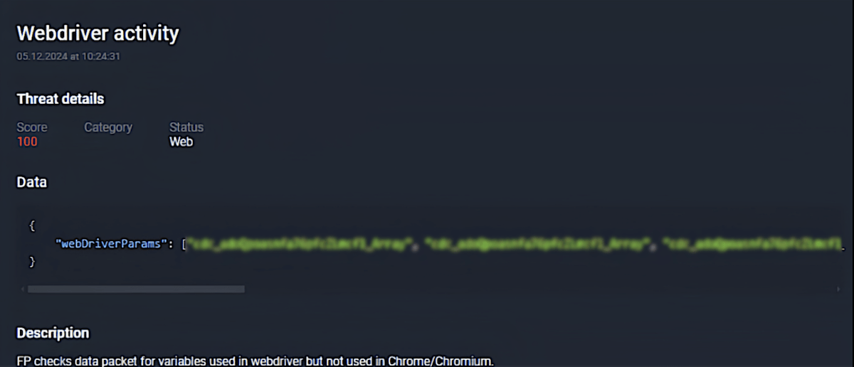 Figure 8. An example of webdriver detection by Group-IB’s Fraud Protection system.