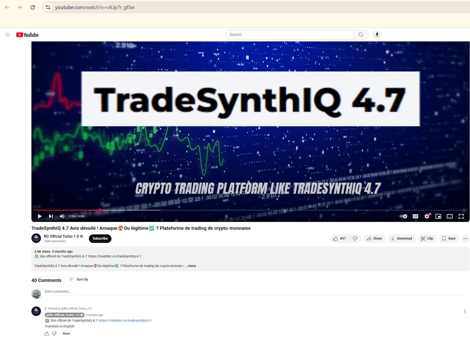 Figure 8, Screenshot of a YouTube channel titled “” with a link to a scam website