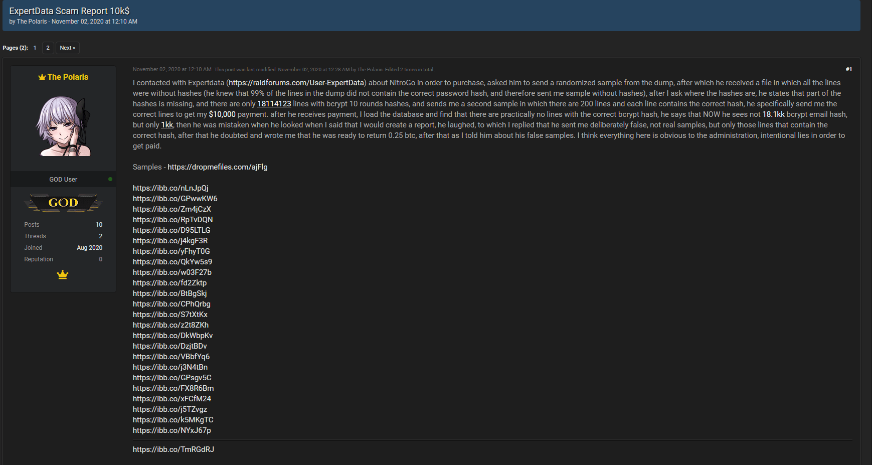 Screenshot of the dispute thread against ExpertData