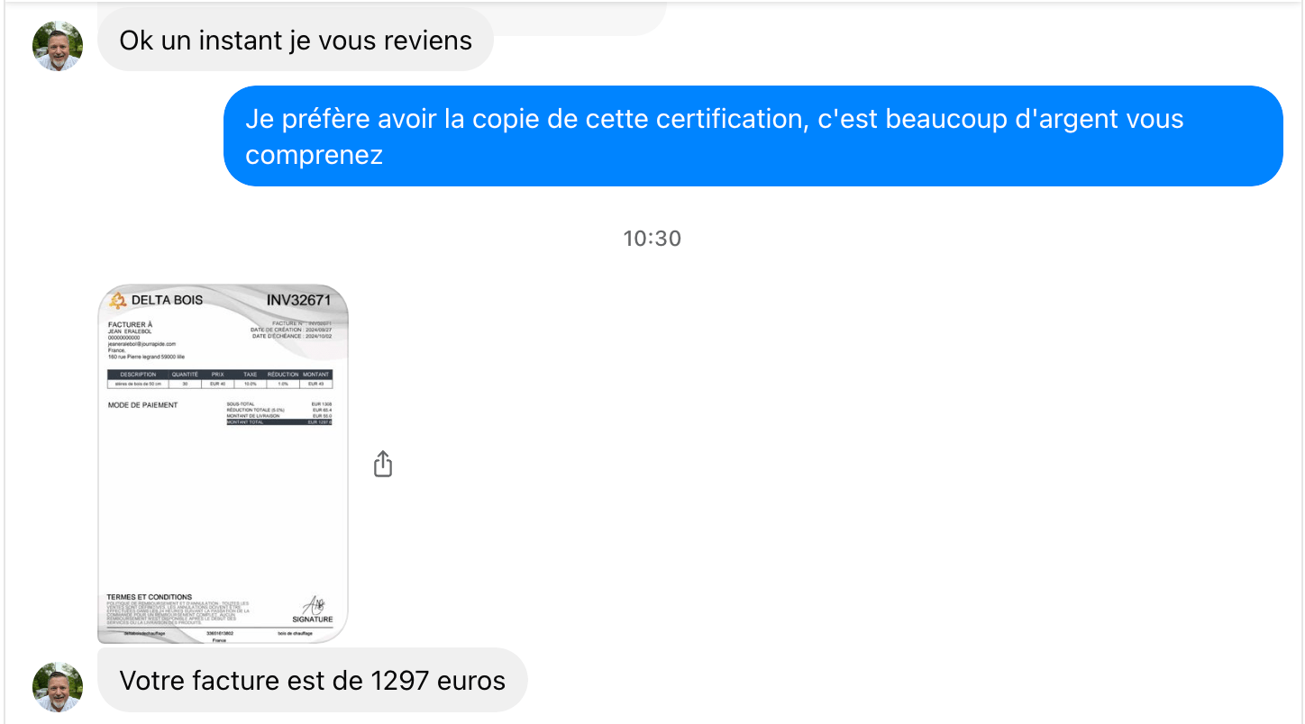 Figure 8. Screenshots of the continuing conversation where the scammer sends their victim an invoice for their purchase of wood.