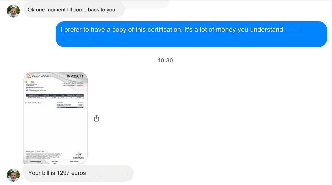 Figure 8. Screenshots of the continuing conversation where the scammer sends their victim an invoice for their purchase of wood.