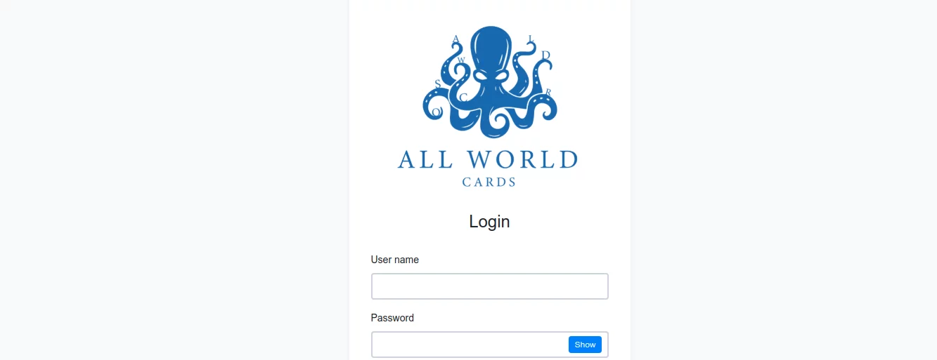 All World Cards card shop login page