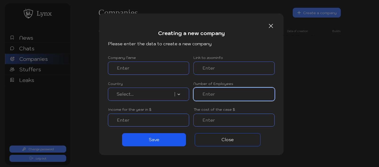 Figure 9. Screenshot of the interface for creating a new company in the