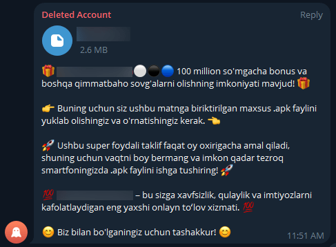 Screenshot of the message with the malicious file