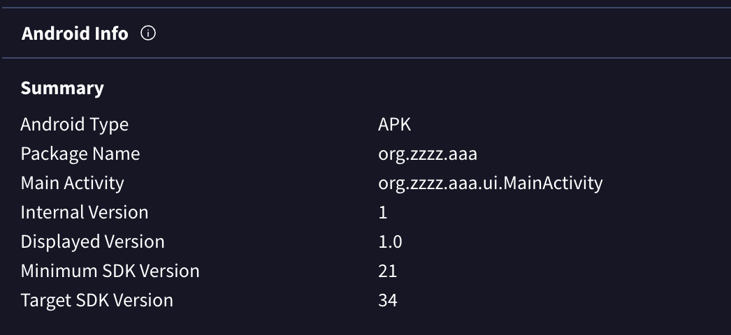 Screenshot of Android Info summary with unique package name