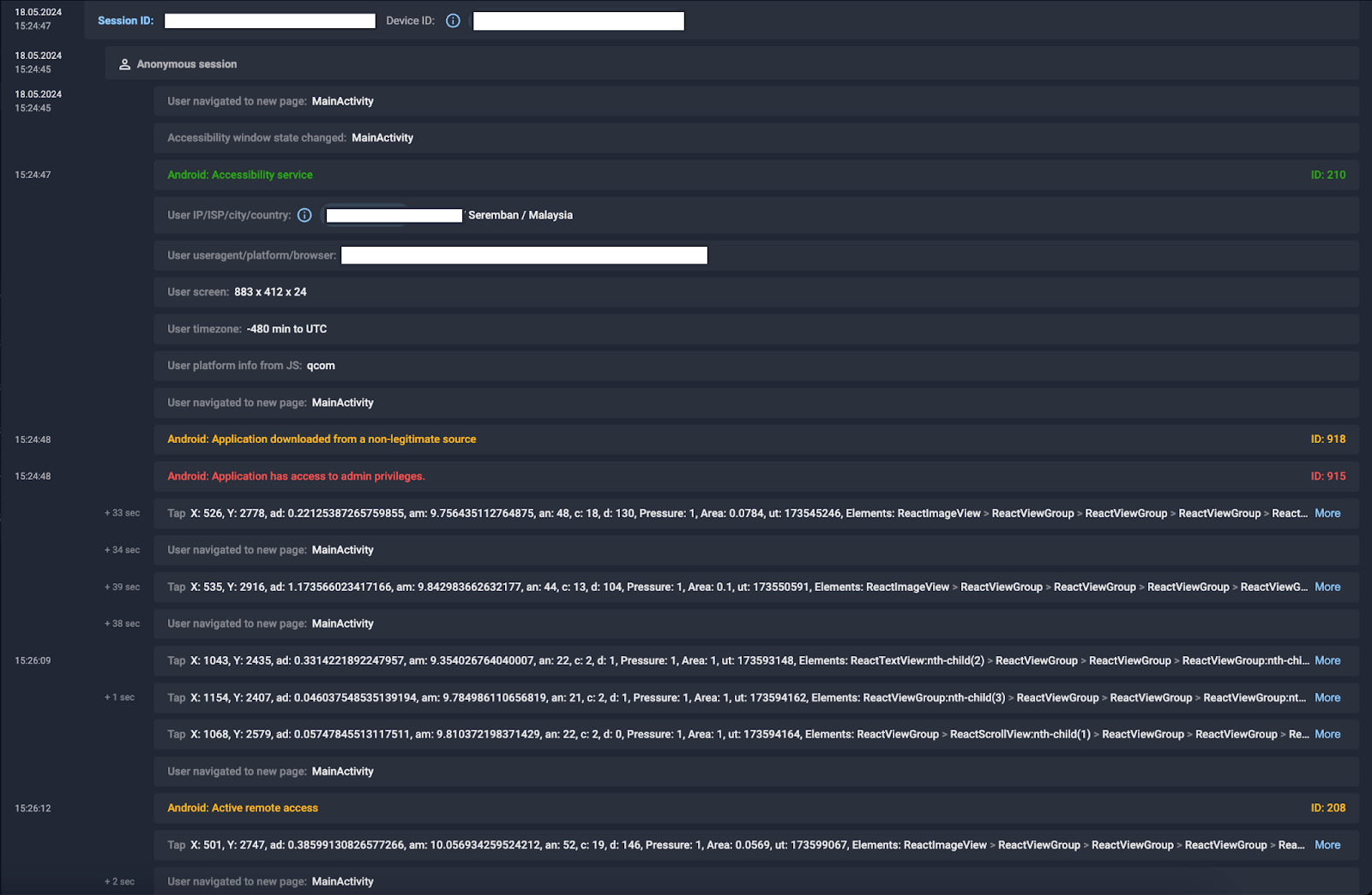Example of session on infected device