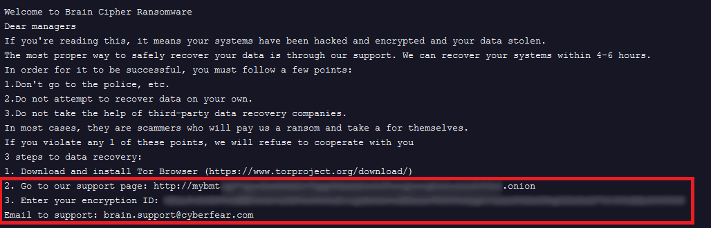 Example of Brain Cipher Ransom Note