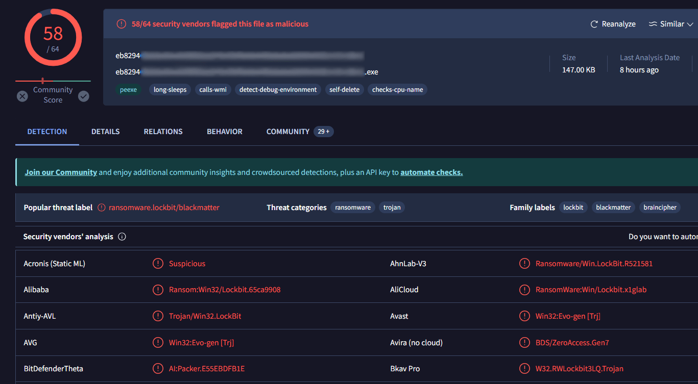 Detection of executable as Lockbit encryptor samples