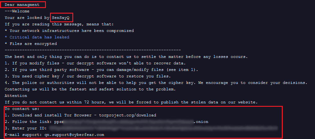Screenshot of SenSayQ ransom note containing the same email address qn.support[@]cyberfear.com