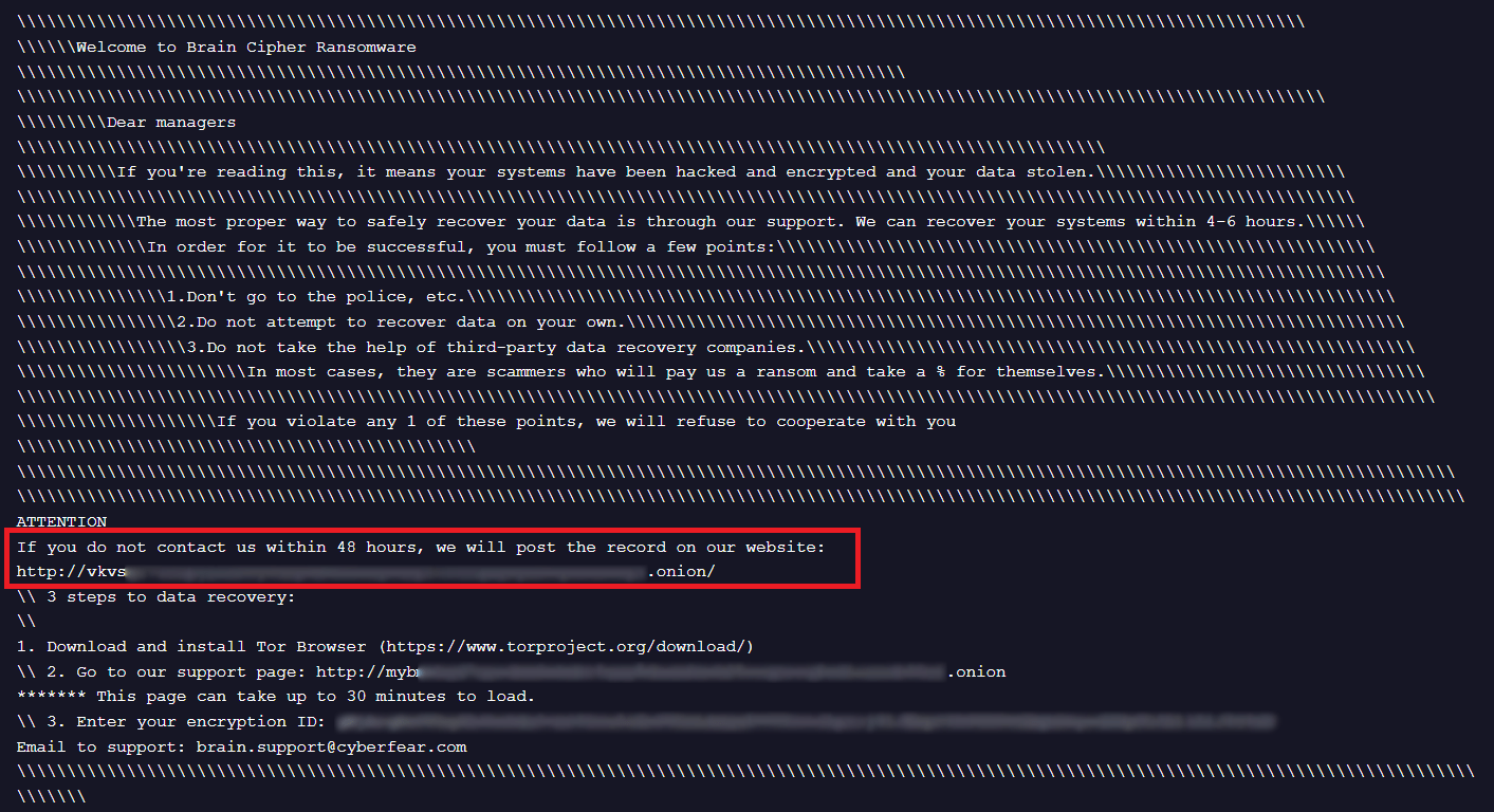 Brain Cipher Ransom Note contains link to DLS