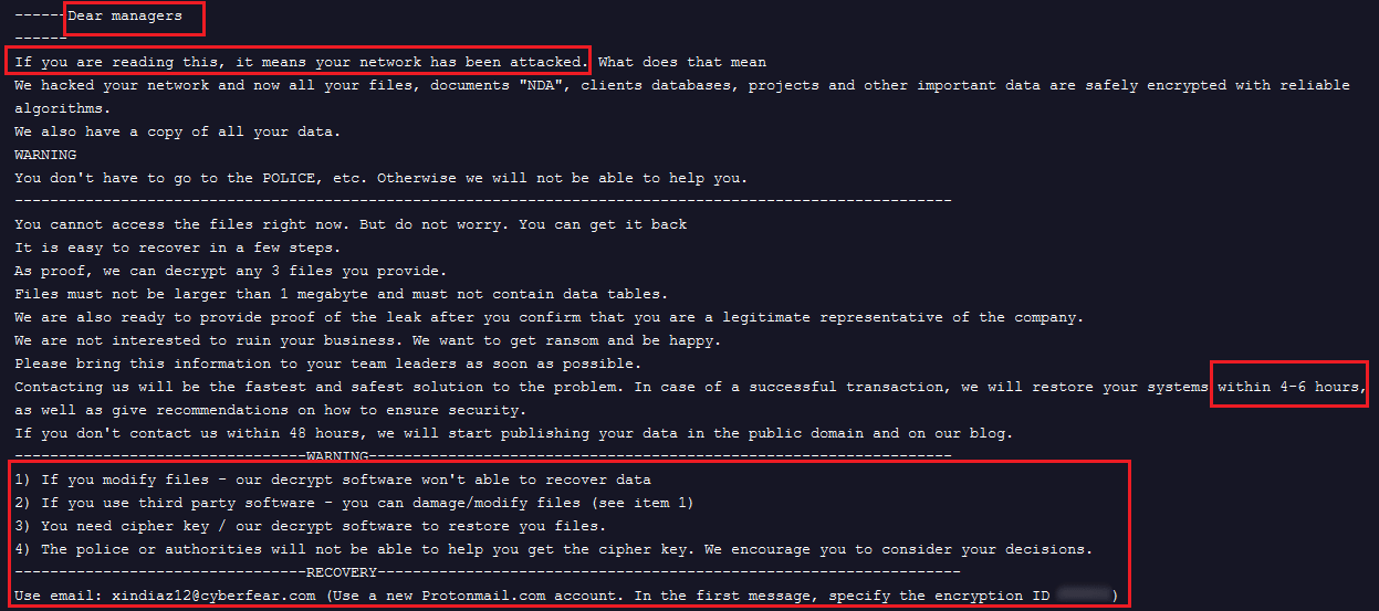 Screenshot of a ransom note used by