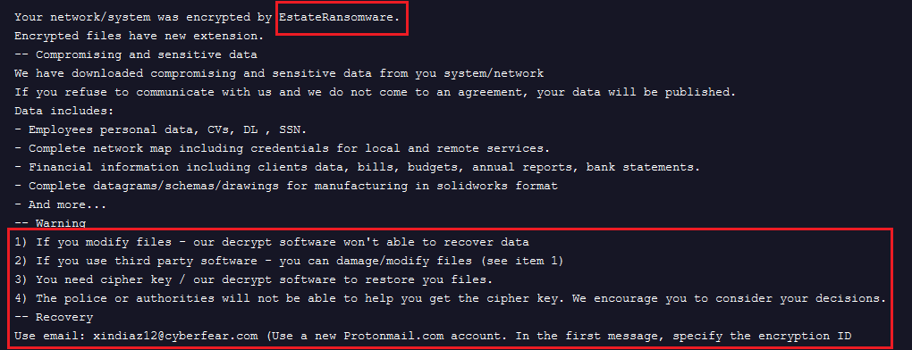 Screenshot of EstateRansomware ransom note with similar warning message and instruction to use protonmail