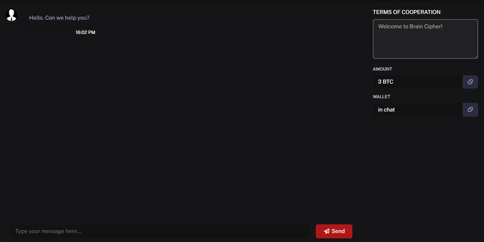 Chat room with threat actors after entering encryption ID