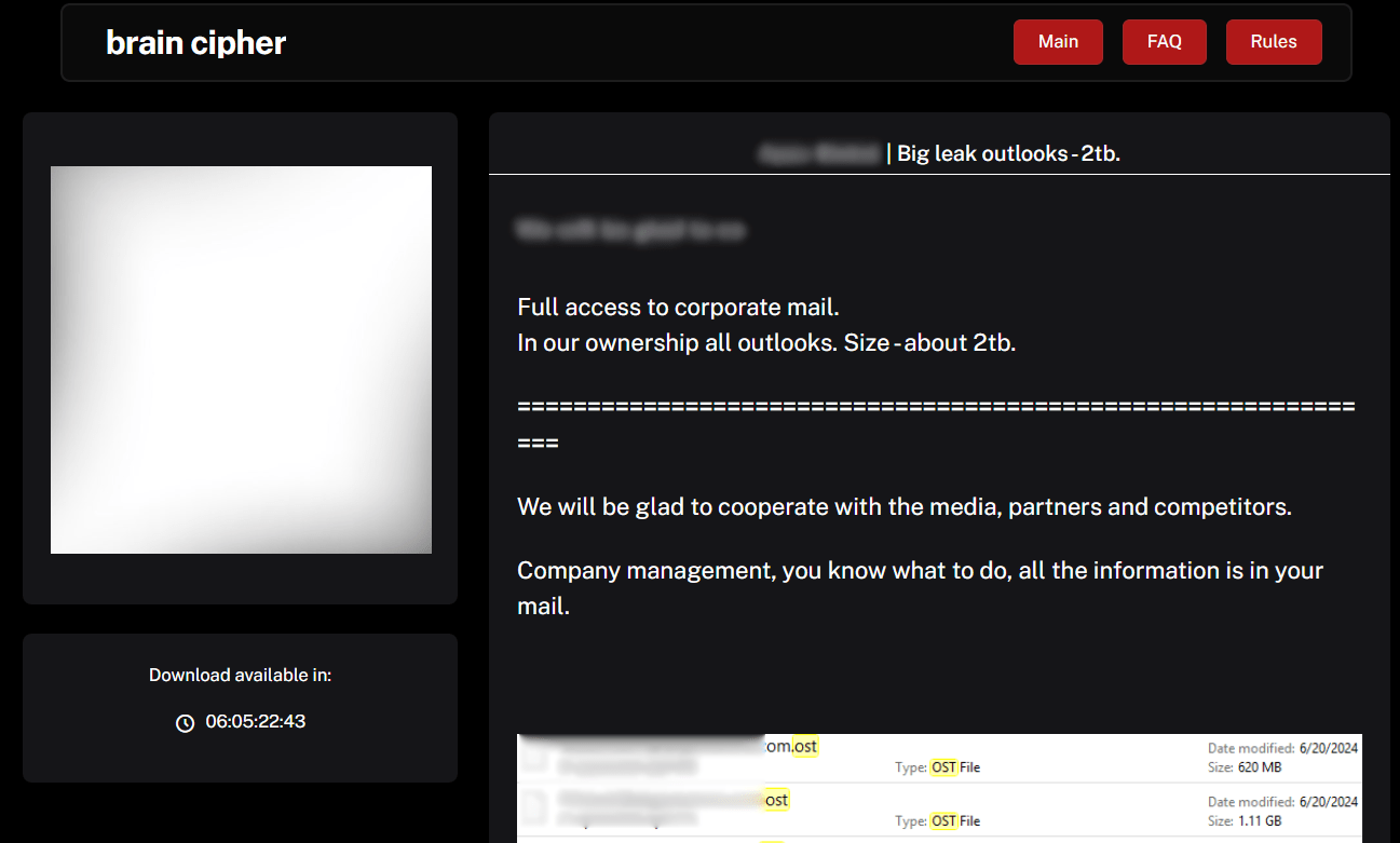 Screenshot of a data leak data for one of the victims