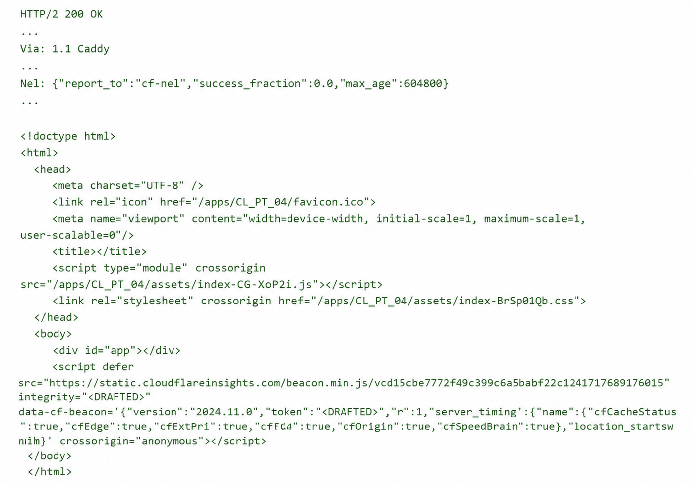 Code block 2. First HTTP response from the phishing page.