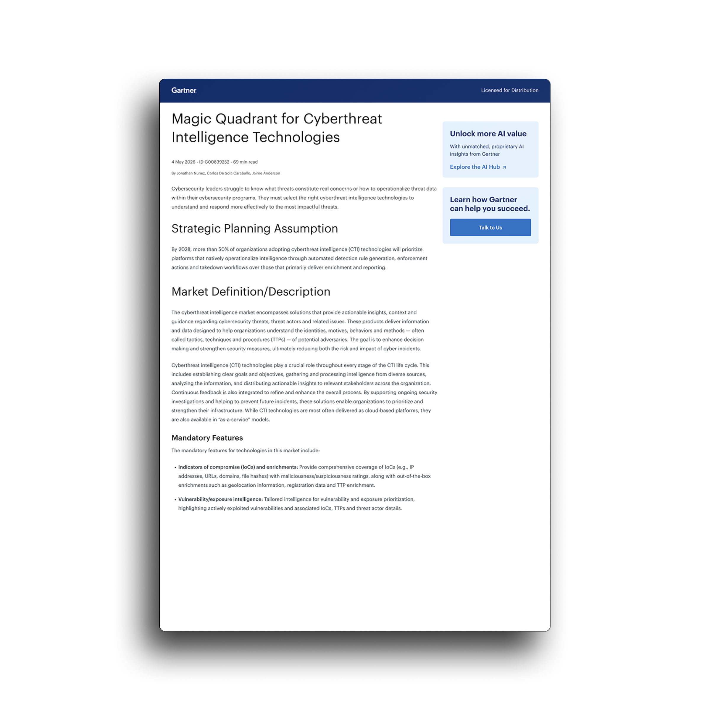 Gartner® Magic Quadrant™ 2026 — Cyberthreat Intelligence Technologies