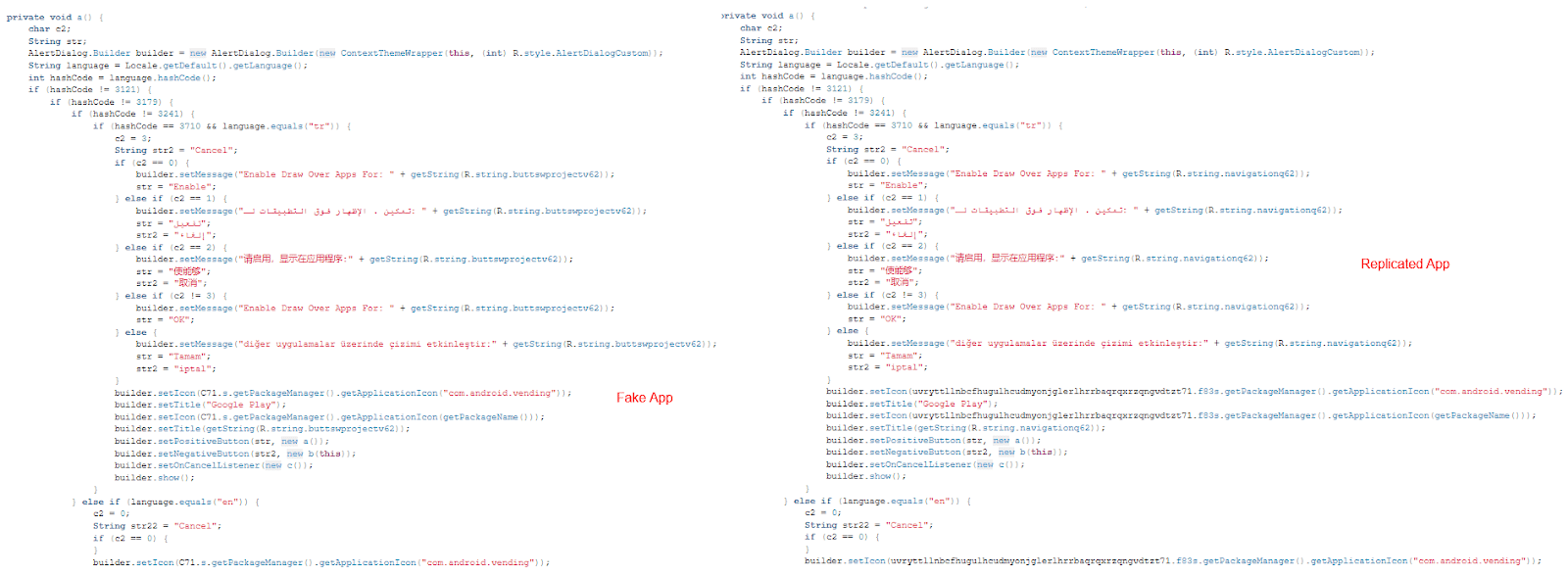 Comparing source code of fake app and a replicated app built using Craxs Rat builder
