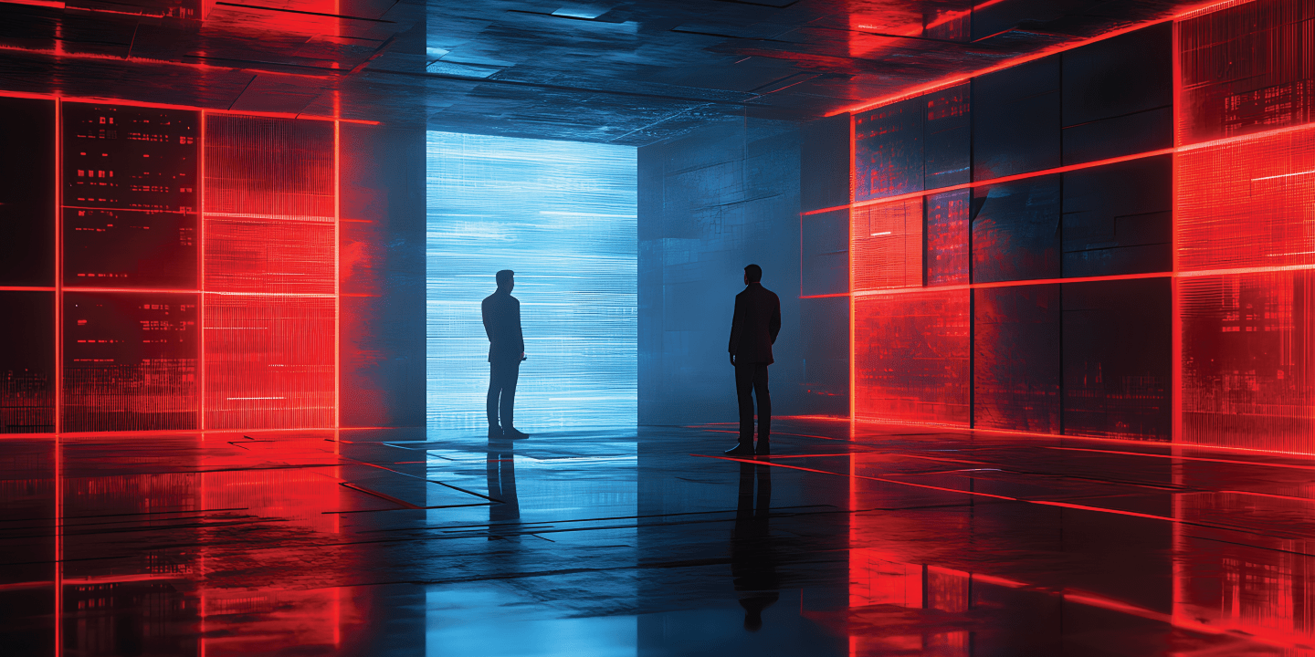 Cybercrime Two male silhouettes in an empty, ominous office lit with harsh reds and calming blues to show the fight against cybercrime.