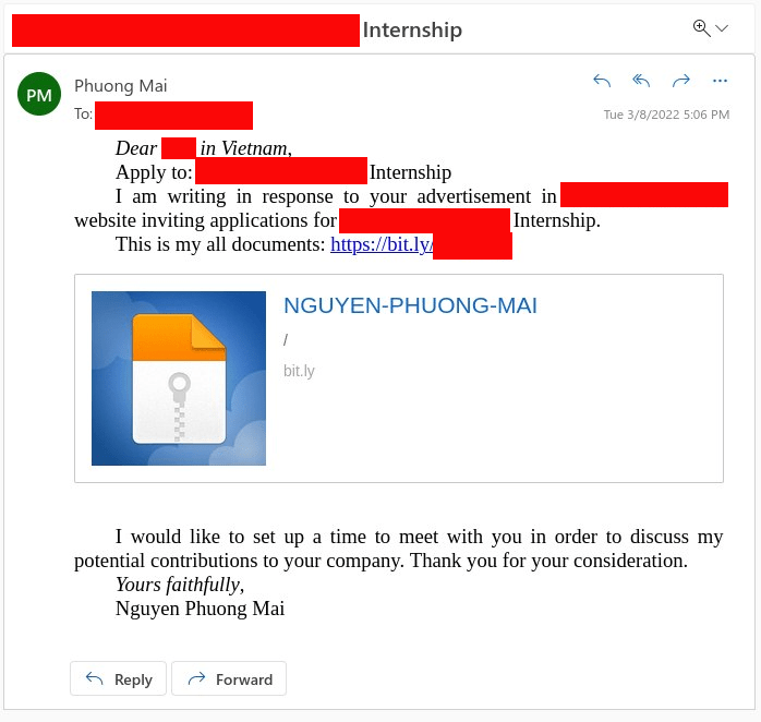 Screenshot of original spear-phishing email sent by Dark Pink APT 