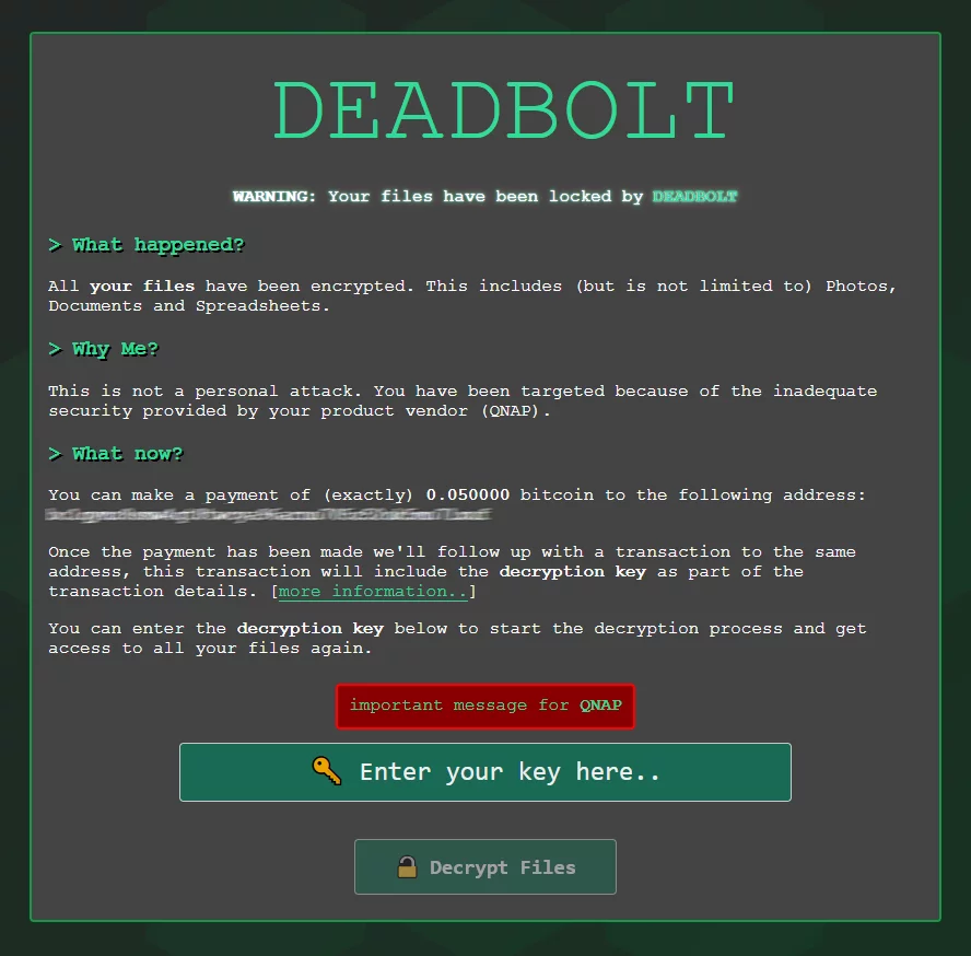 screenshot of DeadBolt ransom message