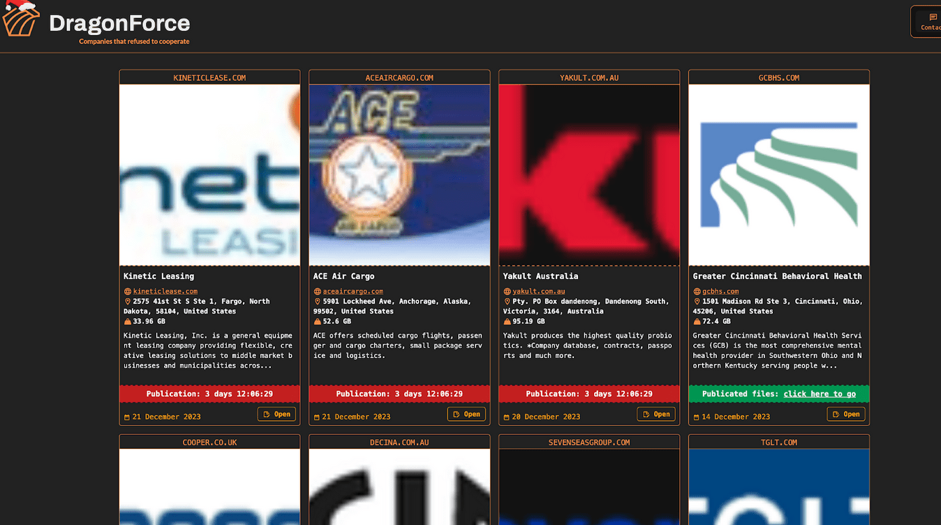 A screenshot of the “DLS” of the DragonForce ransomware
