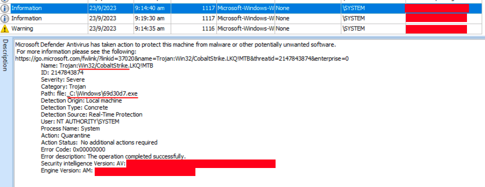 Windows Defender event log quarantine of Cobalt Strike