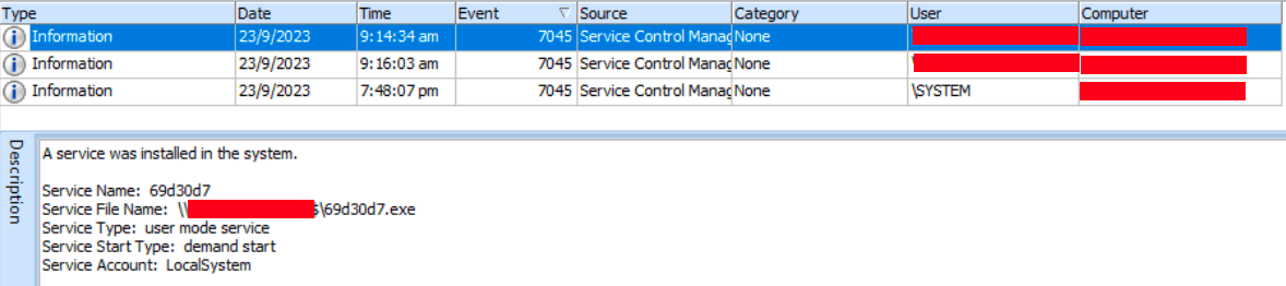Attempted service installation on the system