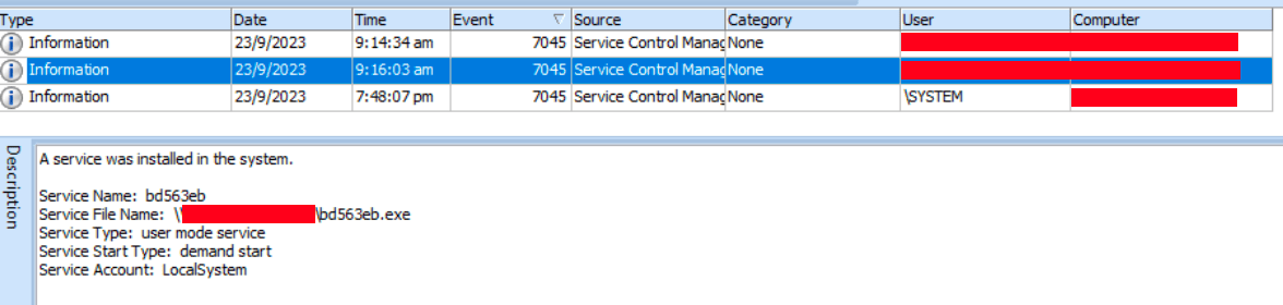 Attempted service installation on the system