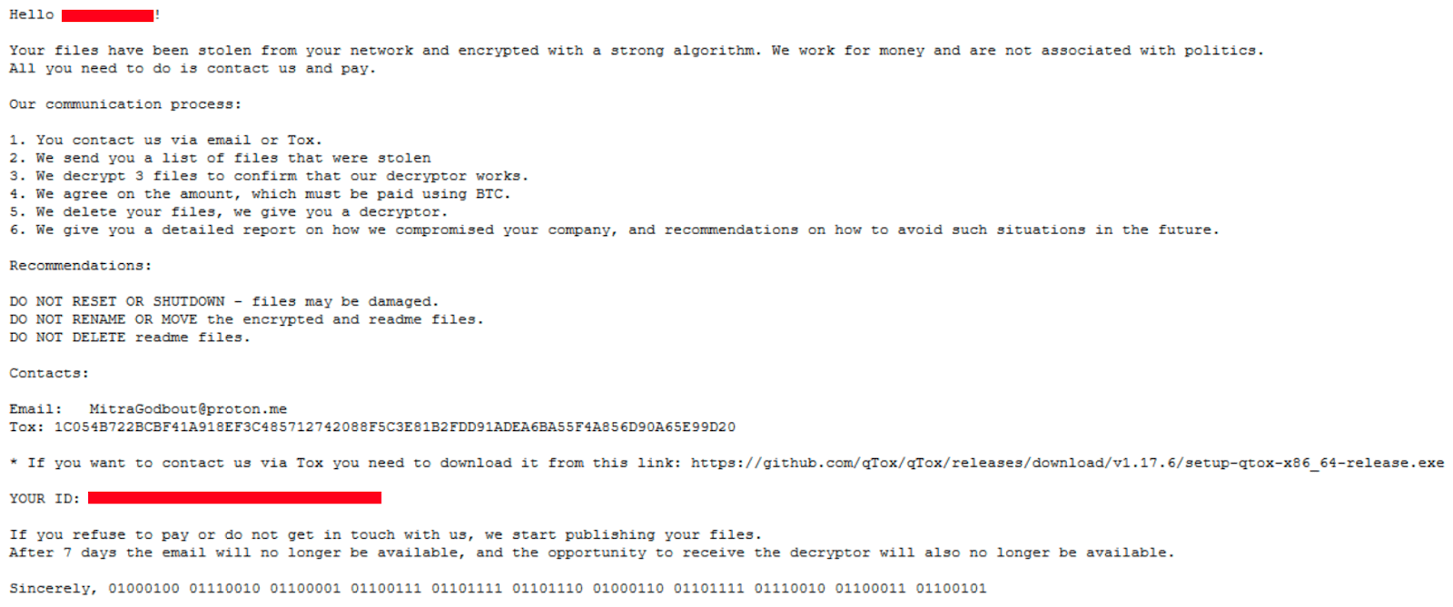 Screenshot of the ransom note