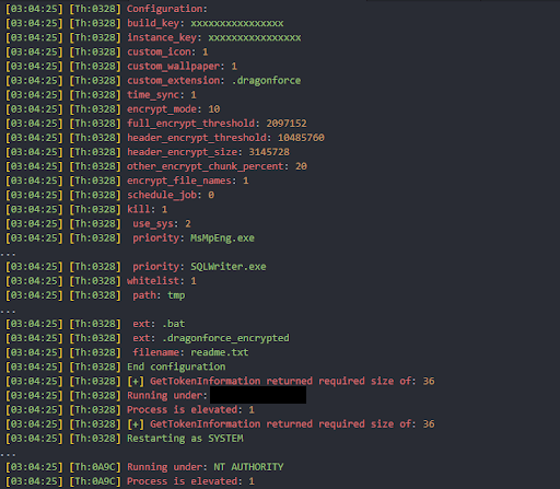 Screenshot of the configuration values in decrypted logs.