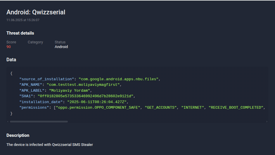 Figure 24. A screenshot of Qwizzserial detection in Group-IB Fraud Protection system