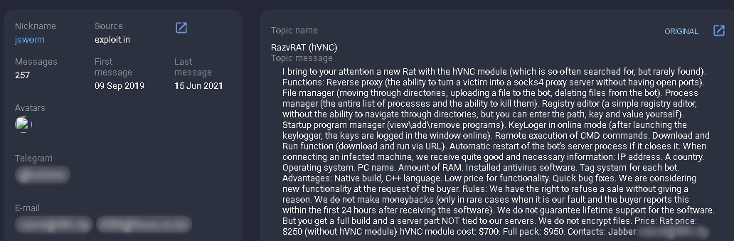 the sale of the RazvRAT malicious program
