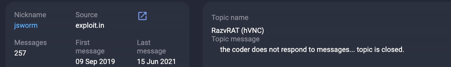 a post in the sales thread indicating that the malware developer did not respond