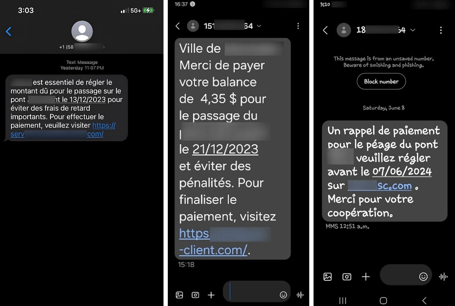 Figure 2. Examples of scam SMS messages sent to victims.