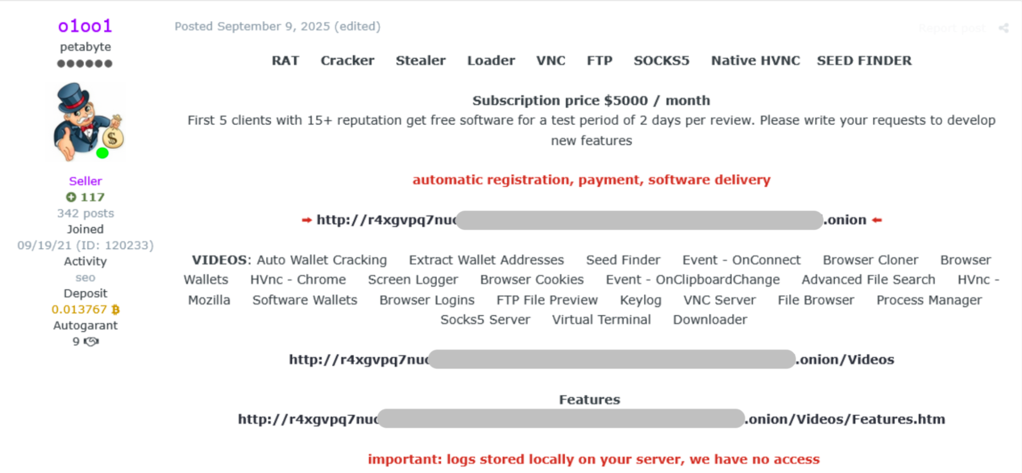 Figure 1: Sale thread for SilabRAT on the cybercriminal forum Exploit.