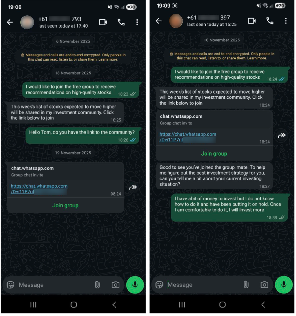 Figure 1. Examples of WhatsApp accounts impersonating public figures offering stock advice.