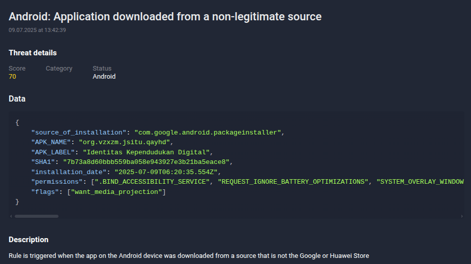 Figure 10. Group-IB Fraud Protection showing the installation of sideloaded applications.