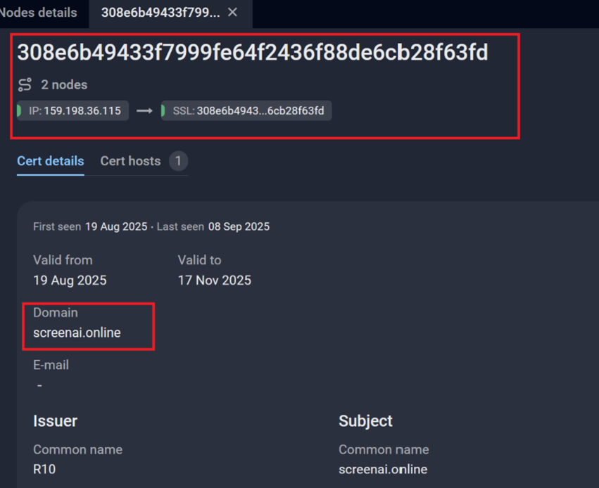 Figure 10. A screenshot of the SSL certificate used by C2 via Group-IB’s Threat Intelligence platform.