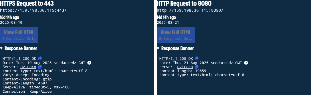 Figure 12. A screenshot of the C2 server’s real IP address and installed application on port 443 and port 8080.