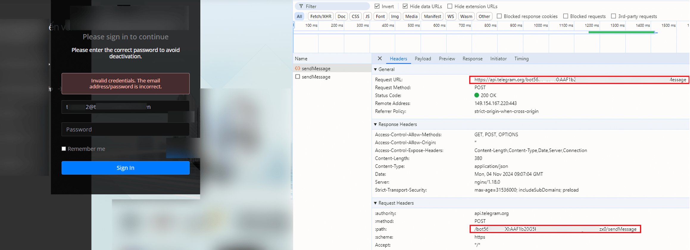 Figure 14. A screenshot of a phishing page exfiltrating stolen credentials to a Telegram bot via API.