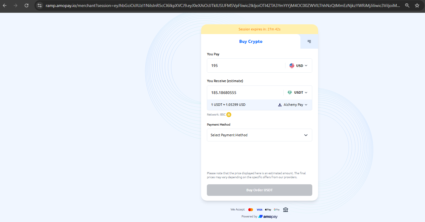 Figure 15: Example of crypto on-ramp payment options.