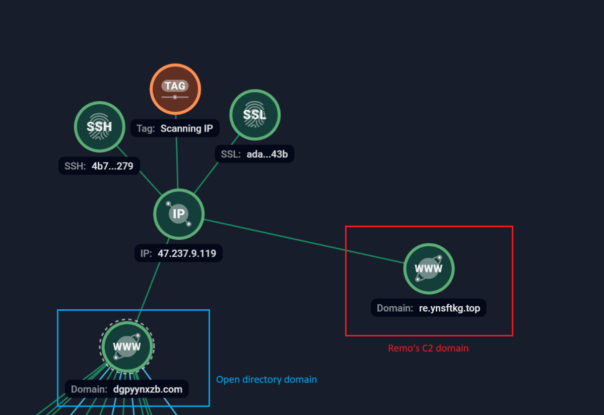 Figure 15. Group-IB Graph: Links between open directory domains to Remo domains. 