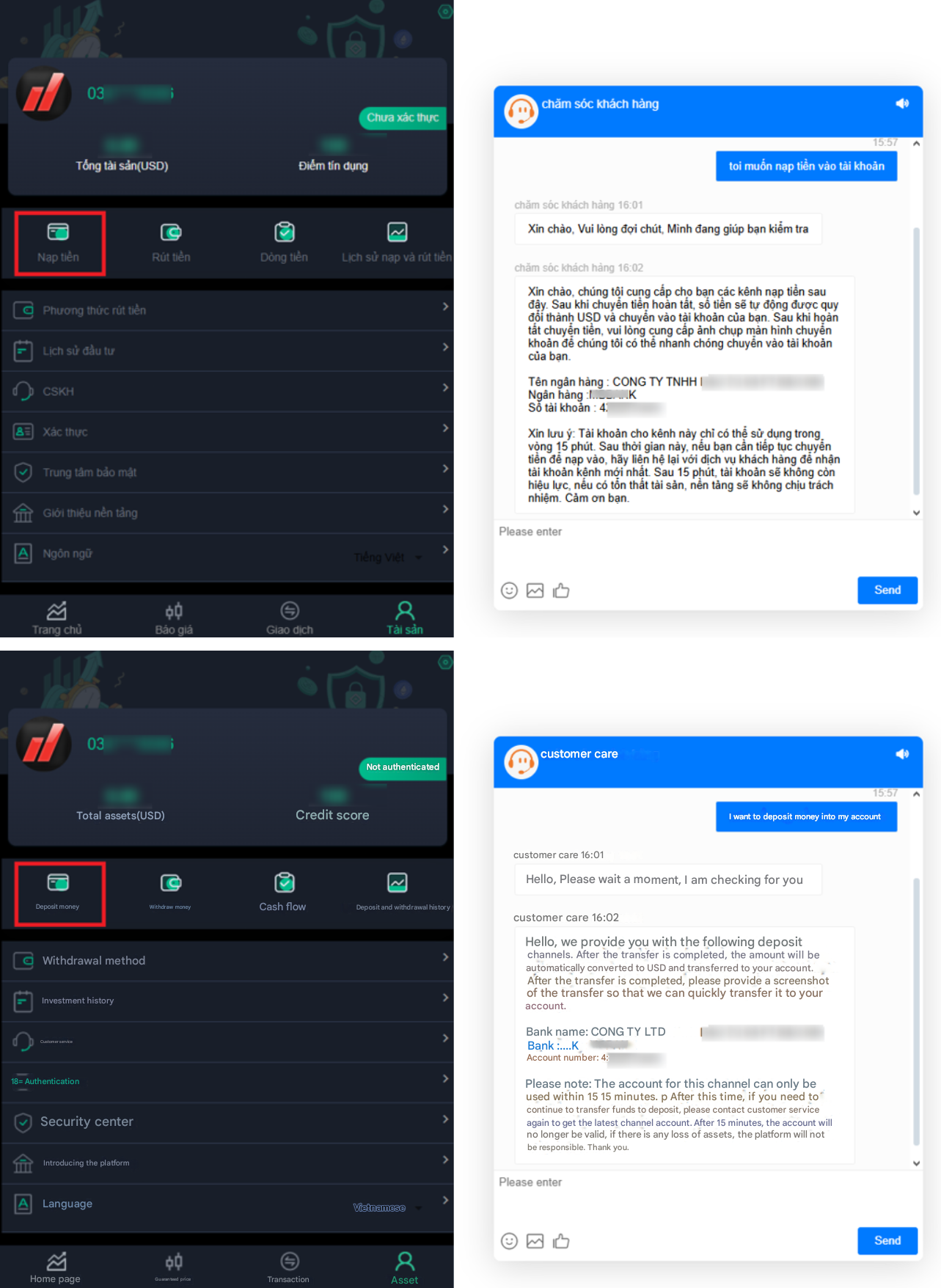 Figure 17. A screenshot of the deposit flow where the chatbot delivers corporate bank account details to the user.