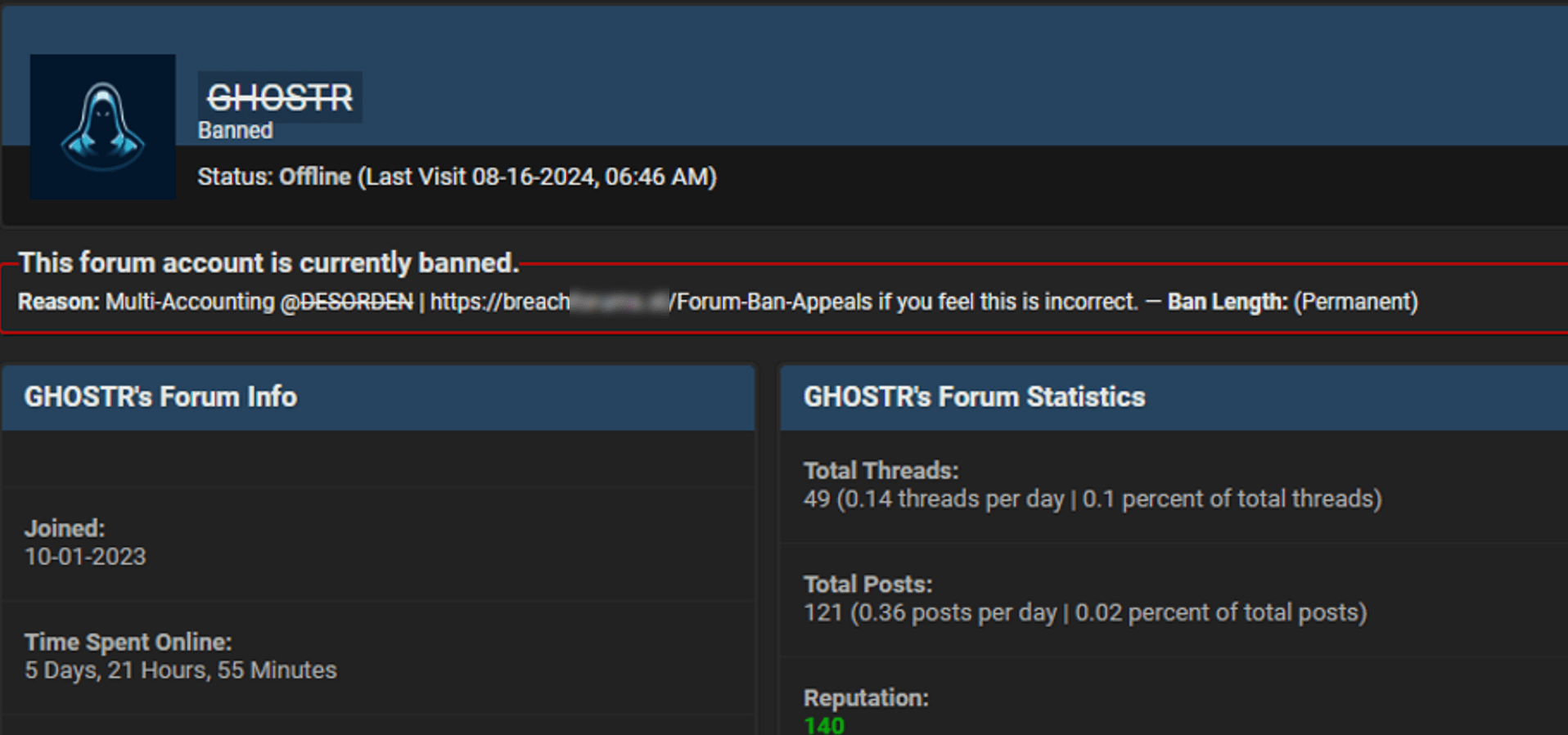Figure 18. A screenshot of GHOSTR’s profile on BreachForums after the ban.