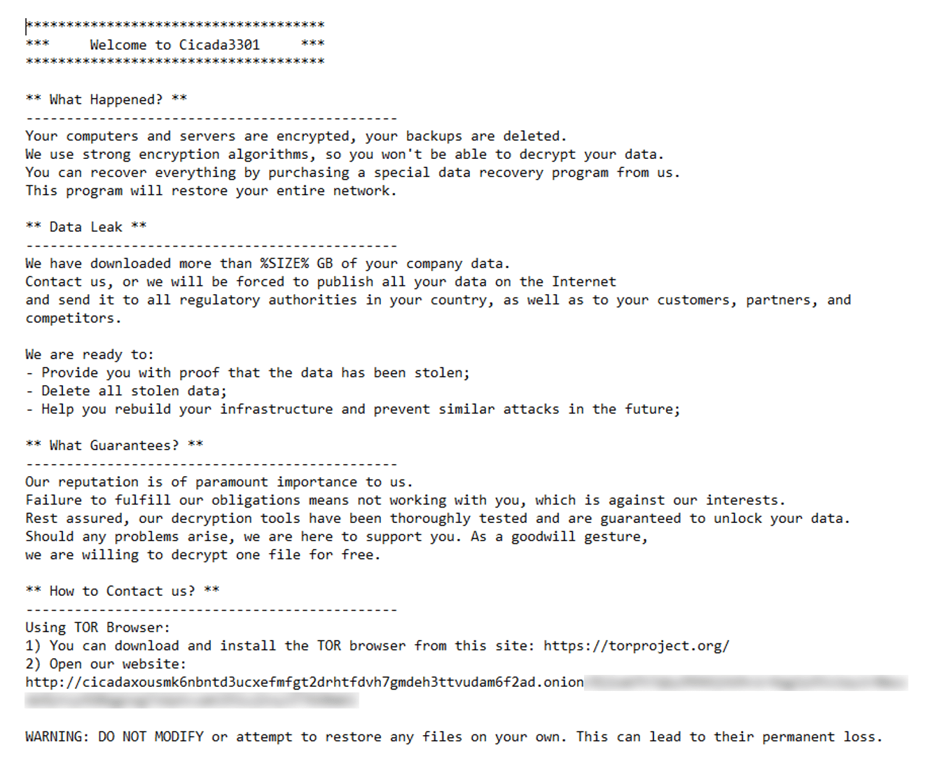 Figure 18: A screenshot of a Cicada3301 Ransom note
