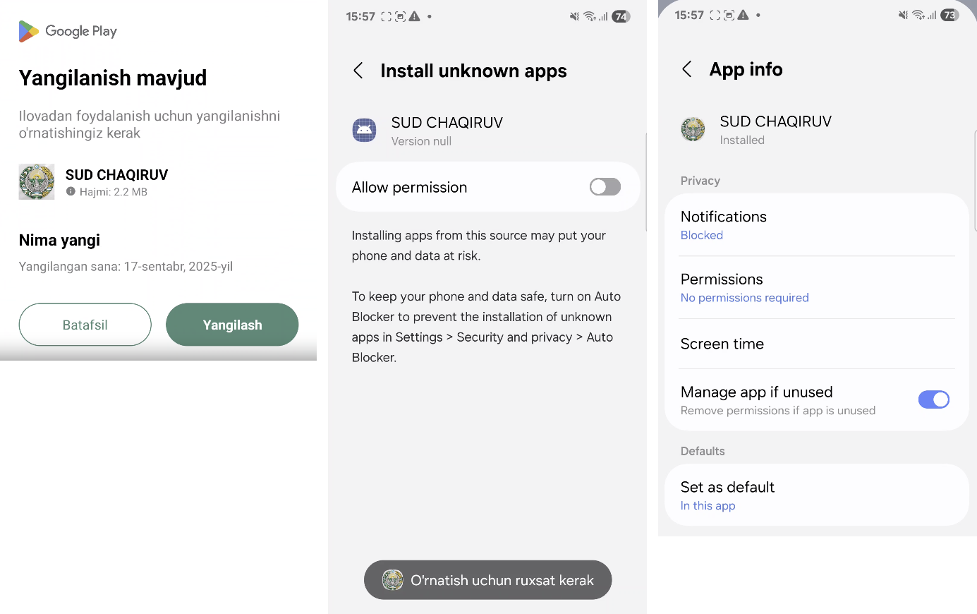 Figure 2. A series of screenshots of a dropper malware masquerading as an app on Google Play.