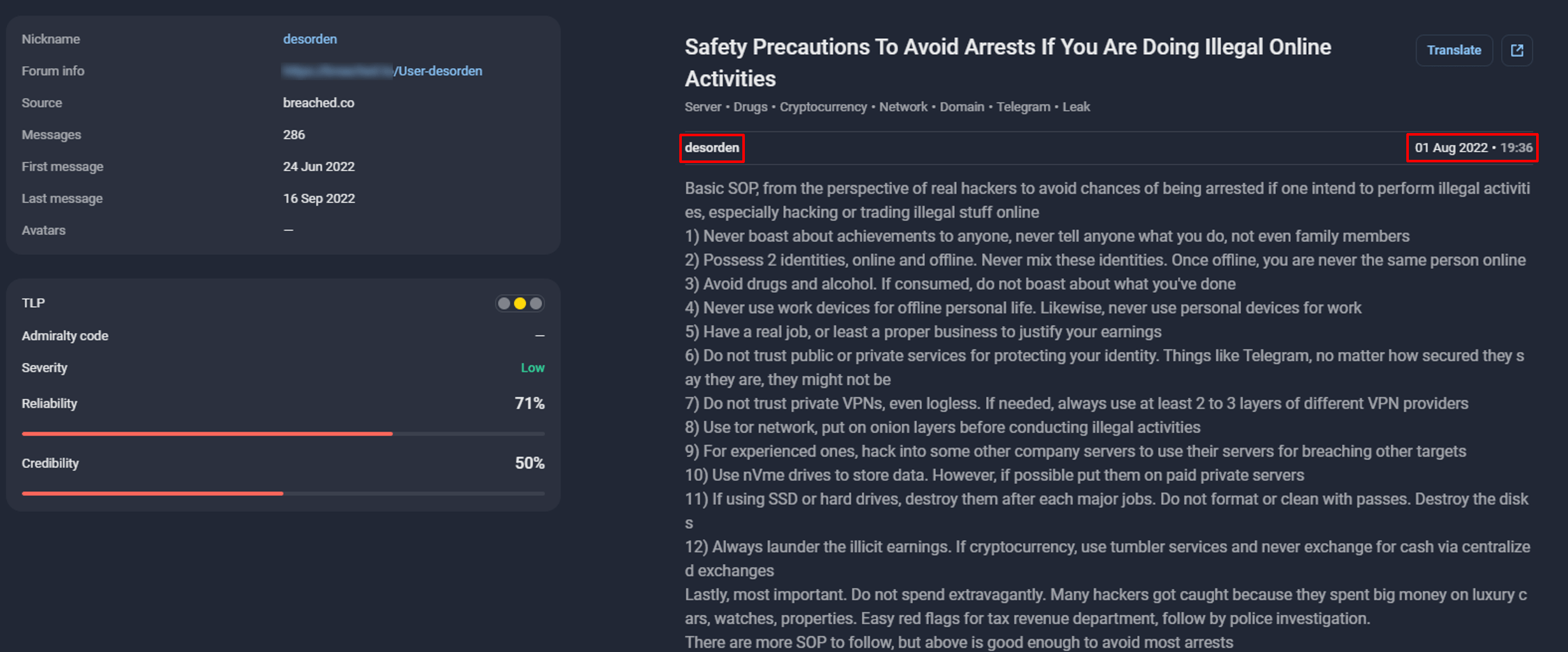 Figure 25. A post published by DESORDEN about OPSEC practices, monitored by Group-IB’s Threat Intelligence platform.