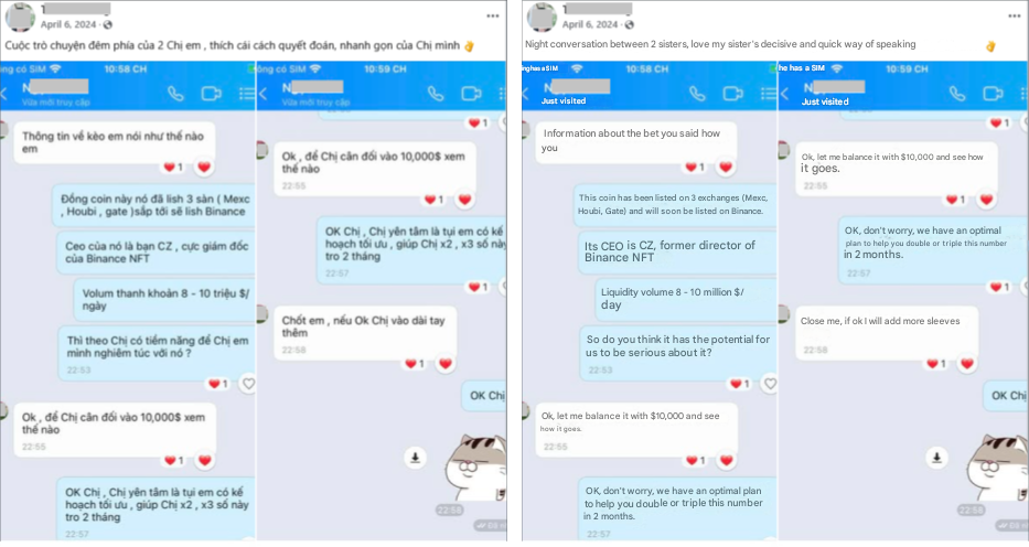 Figure 3. A screenshot of a manipulative messaging strategy in Vietnamese (left) and English translation (right) observed during the onboarding of a scam campaign, captured from a threat actor’s Facebook post.